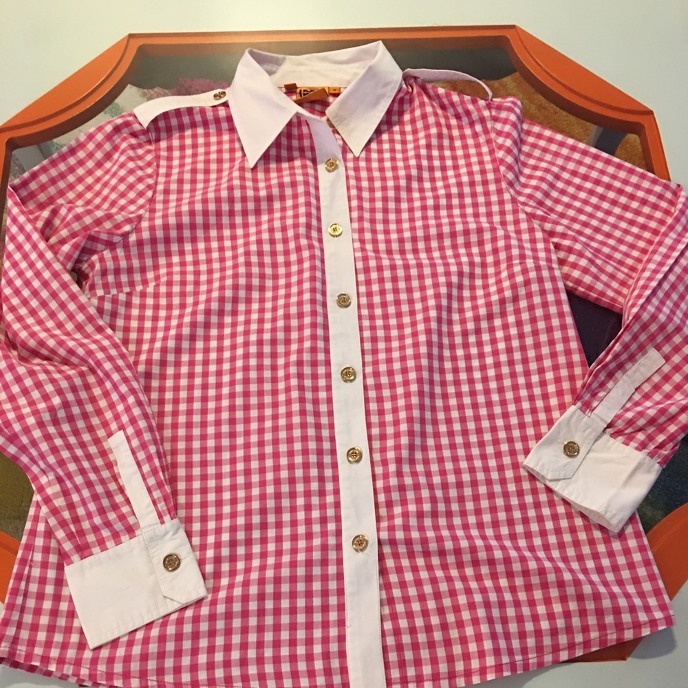 Tory Burch Pink Plaid Button Down Gold Buttons  14